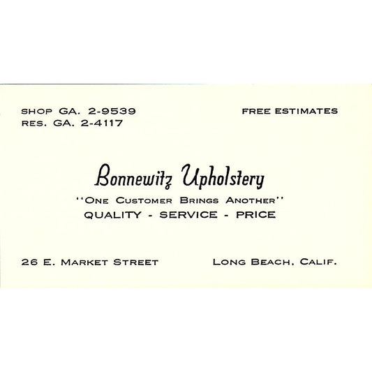 Bonnewitz Upholstery Long Beach CA Vintage Business Card SF3-B6