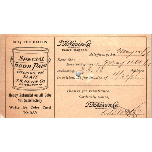 1906 T.H. Nevin Co Allegheny PA Paint Makers Payment Receipt Postal Card AE8