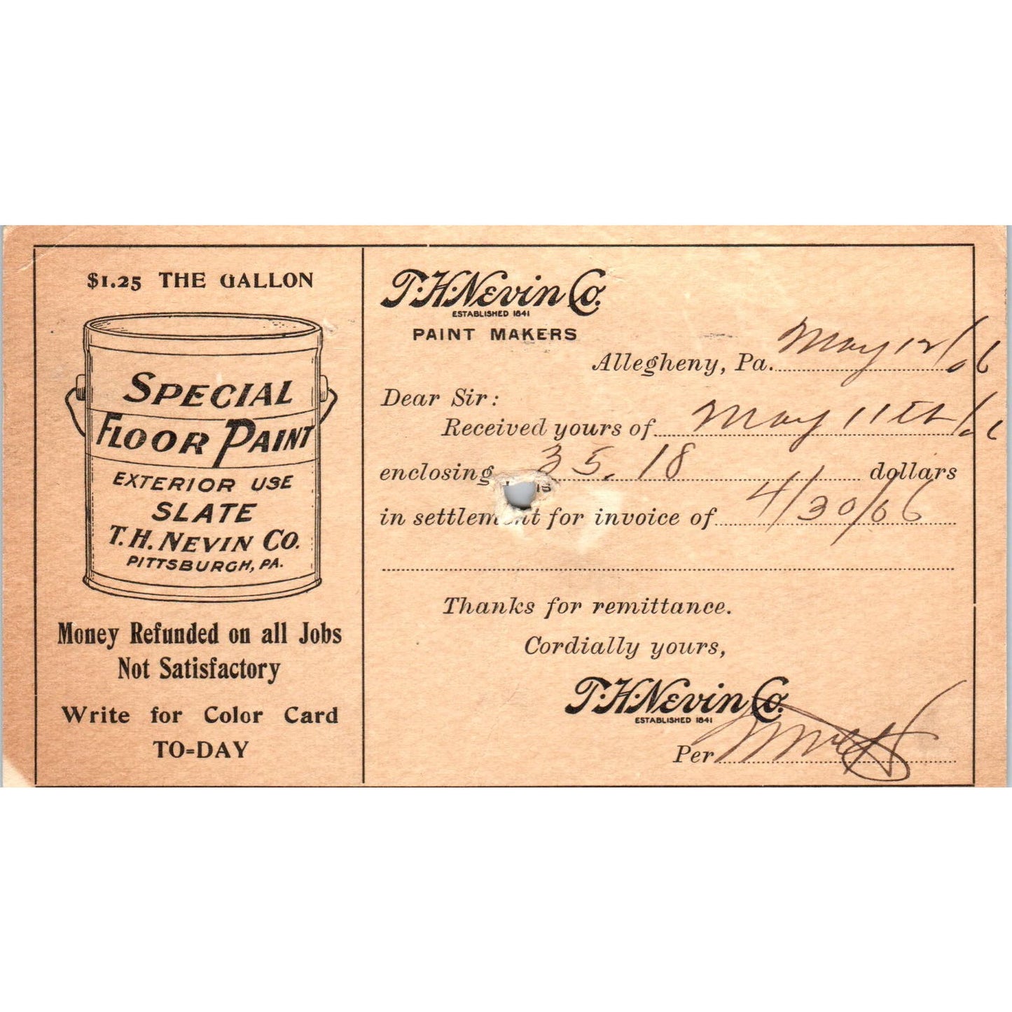 1906 T.H. Nevin Co Allegheny PA Paint Makers Payment Receipt Postal Card AE8