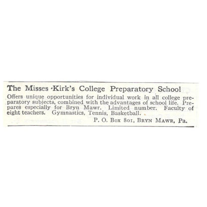 Misses Kirk's College Prep School Bryn Mawr PA c1918 Advertisement AE5-SA9