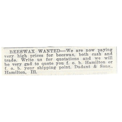 Dadant & Sons Beeswax Wanted Hamilton Illinois 1926 Ad AG3-S22