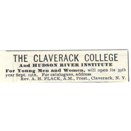 Claverack College Hudson River Institute A.H. Flack c1890 Victorian Ad AE9-CH4