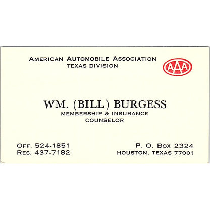 Wm Bill Burgess AAA Membership Counselor Houston Vintage Business Card SE3-B15