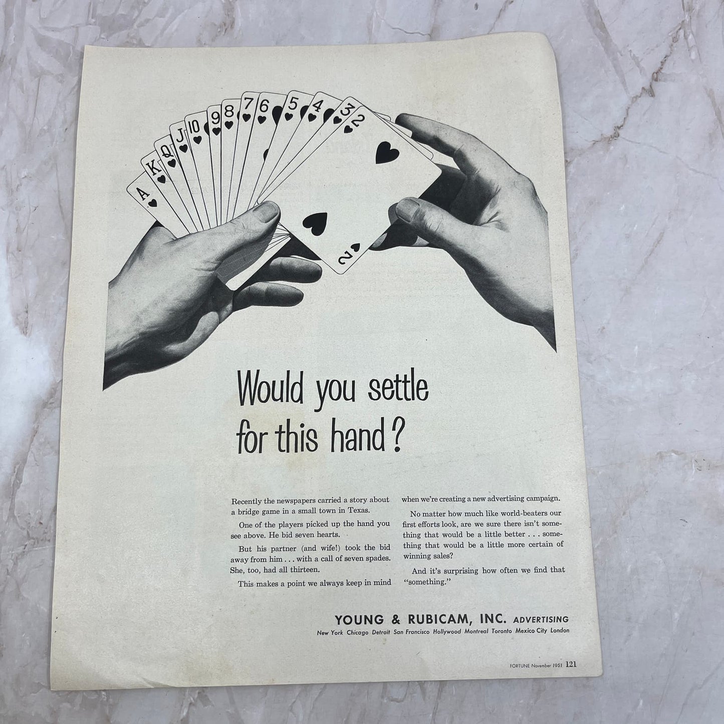 Young & Rubicam Inc Advertising Poker Hand 1951 Magazine Ad FL6-10