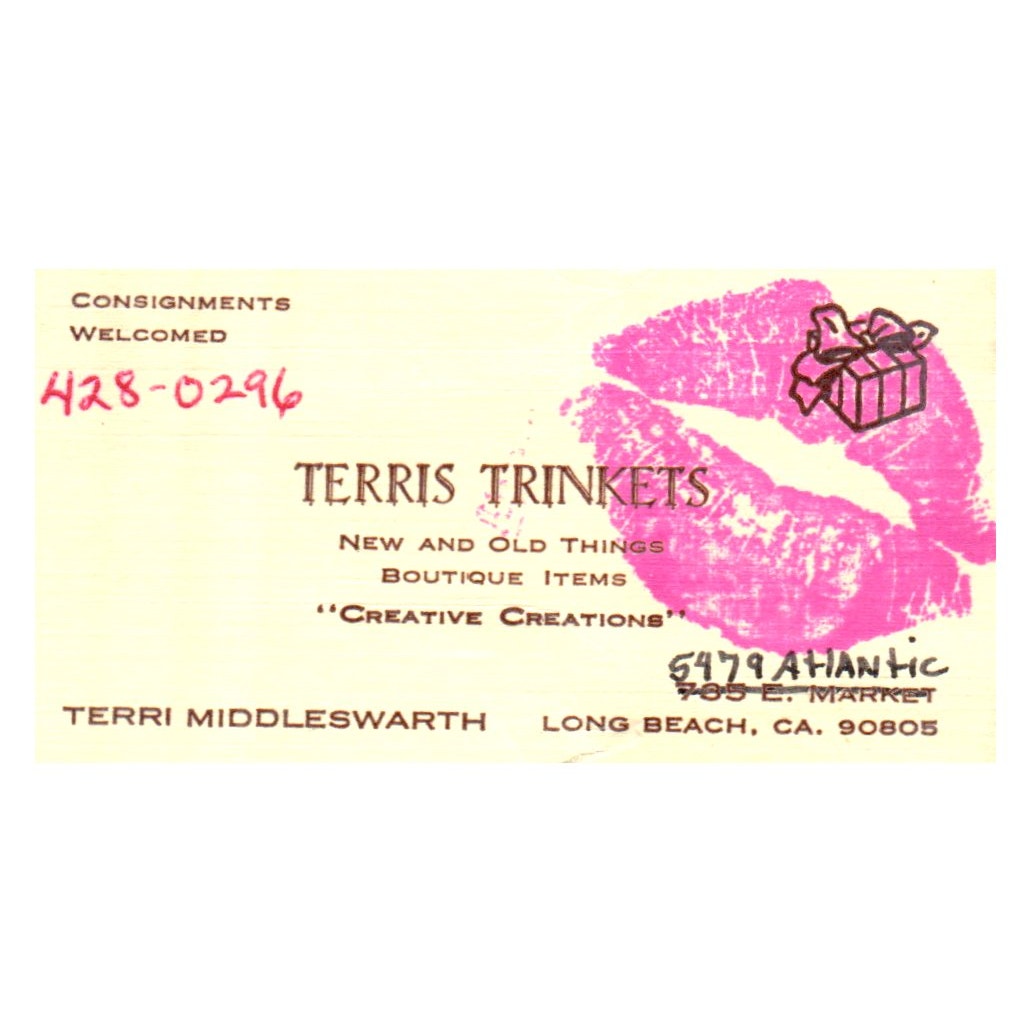 Terris Trinkets Terri Middleswarth Long Beach CA Vintage Business Card SF3-B1