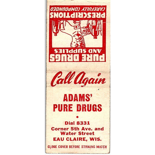 Adams' Pure Drugs Eau Claire WI Vintage Matchbook Cover SE5-Y1