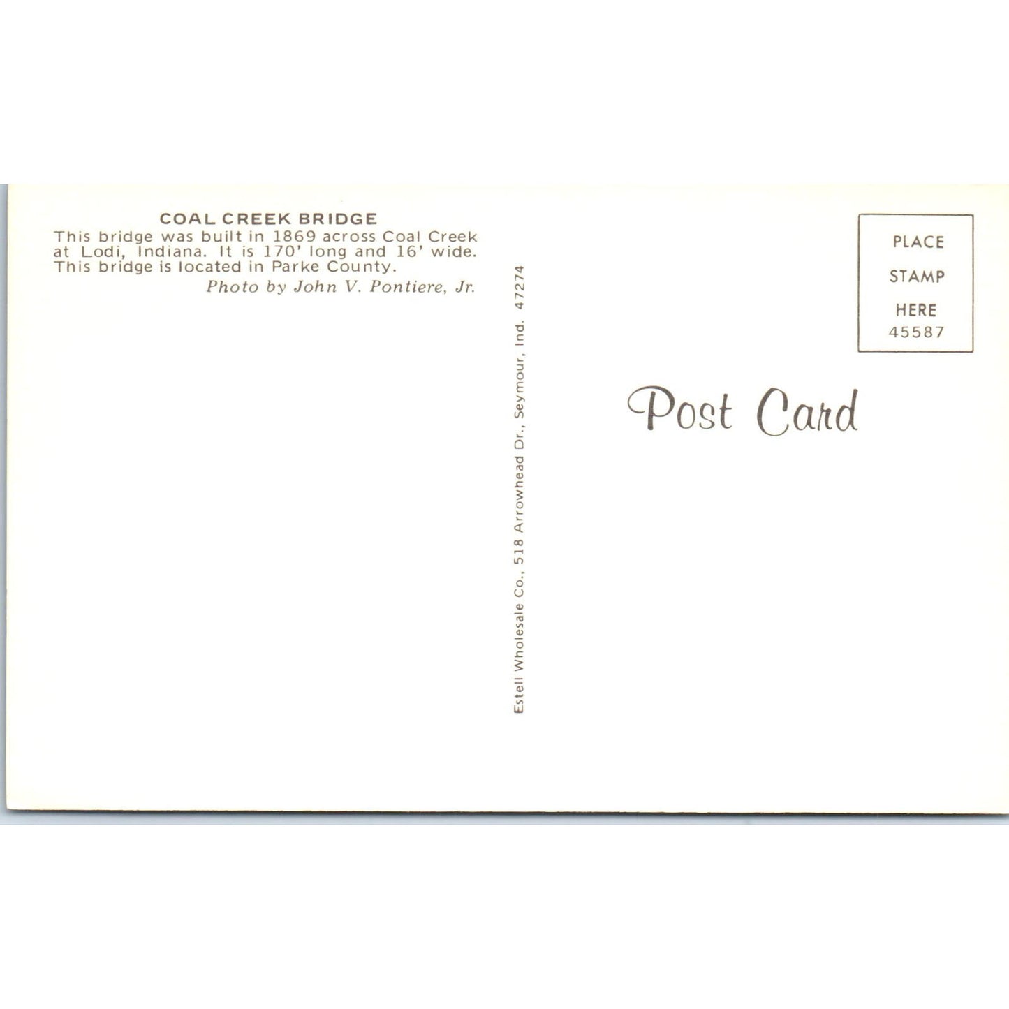 Coal Creek Bridge Parke County IN Vintage Covered Bridge Postcard PD6