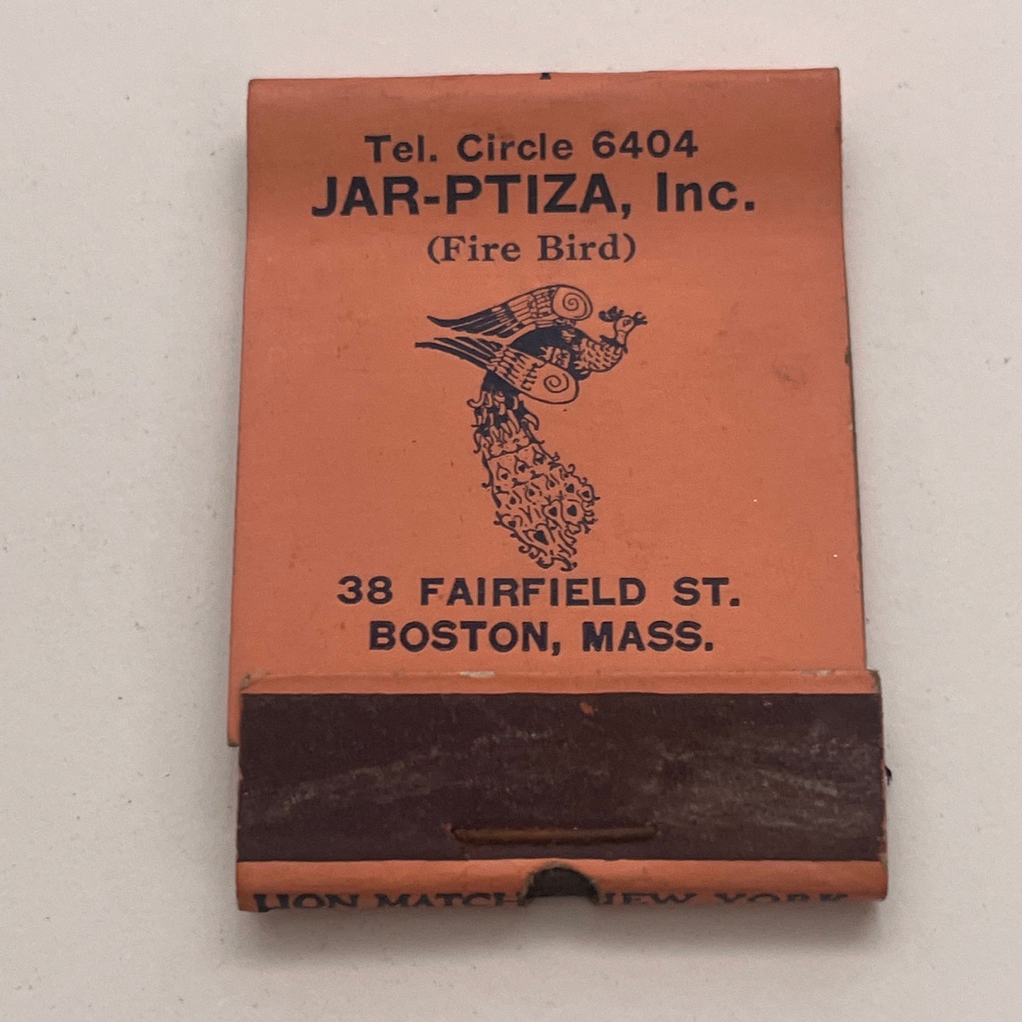 Jar-Ptiza Inc  Restaurant Fire Bird Boston MA Vintage Matchbook Cover TB8-MB2-6