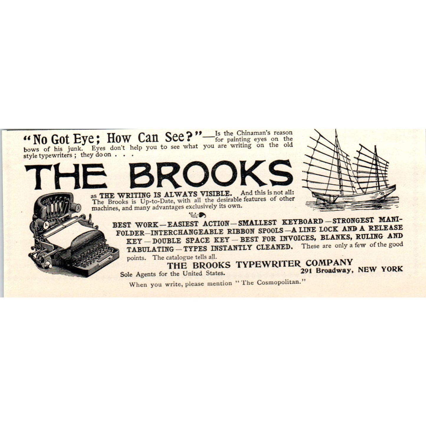 The Brooks Typewriter Company NY c1905 Original Magazine Advertisement AE7-A3