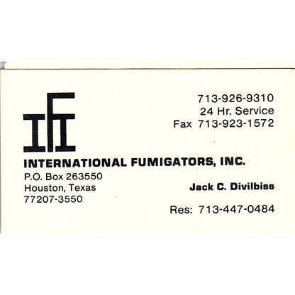 Jack C Divilbiss International Fumigators Houston Vintage Business Card SC9-B7