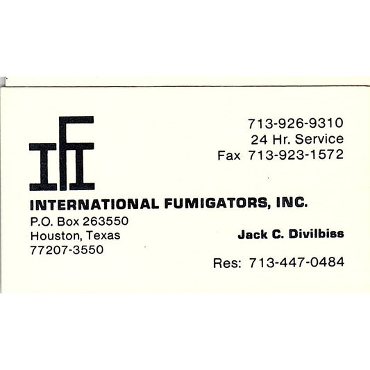 Jack C Divilbiss International Fumigators Houston Vintage Business Card SC9-B7