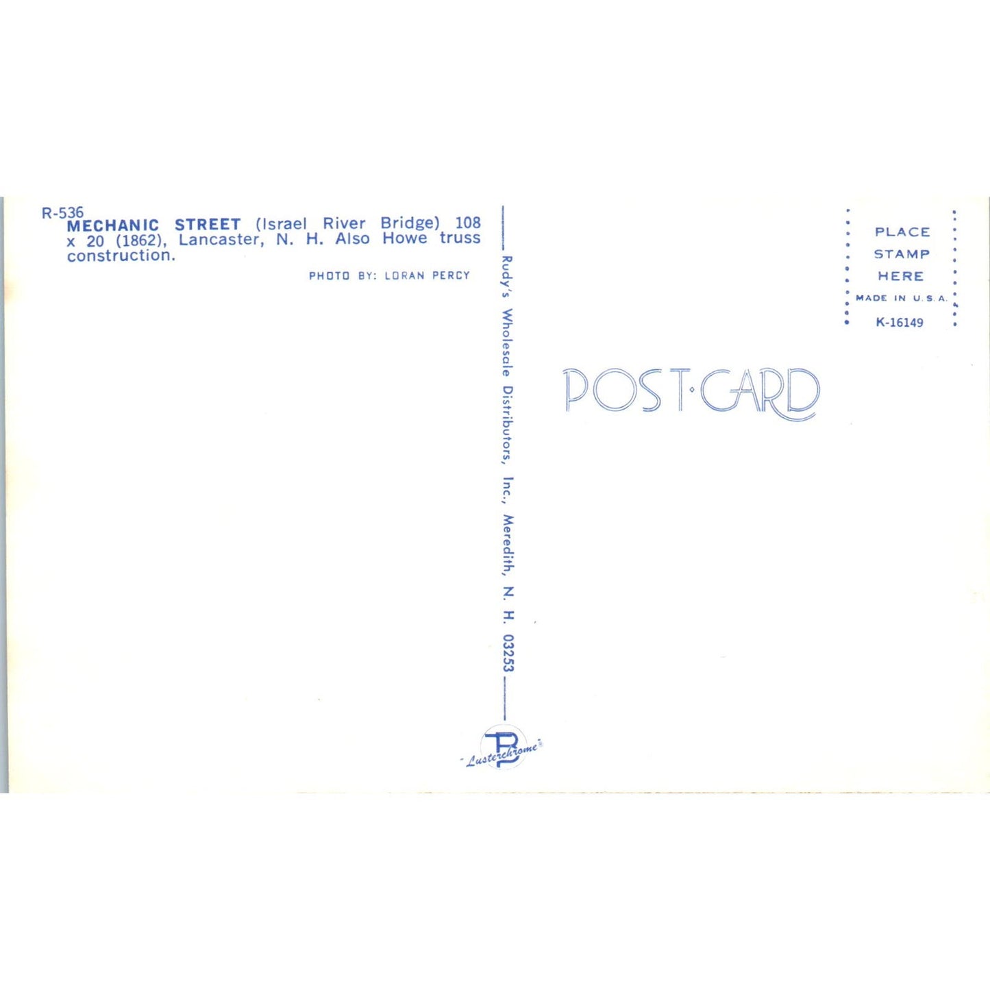 Israel River Bridge Mechanic Street Lancaster NH Covered Bridge Postcard PD3