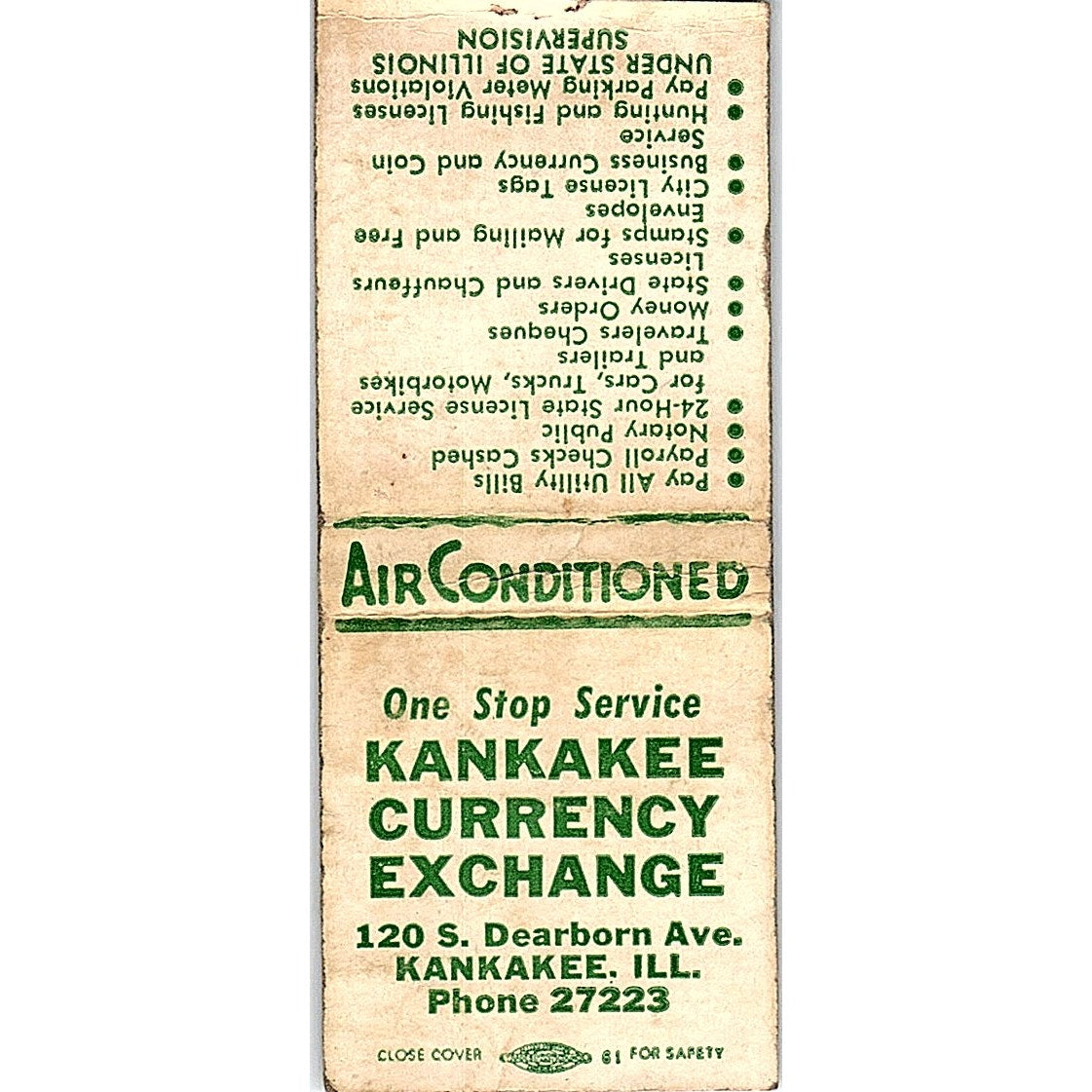 Kankakee Currency Exchange Kankakee IL Vintage Matchbook Cover SF3-Y2