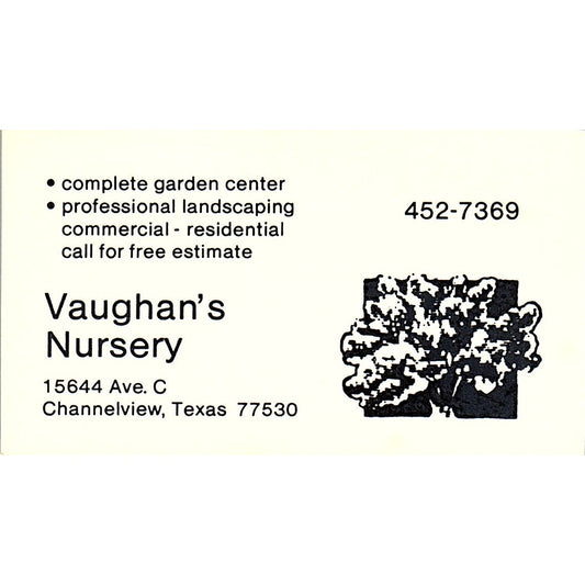 Vaughan's Nursery Channelview TX Vintage Business Card SB4-B11