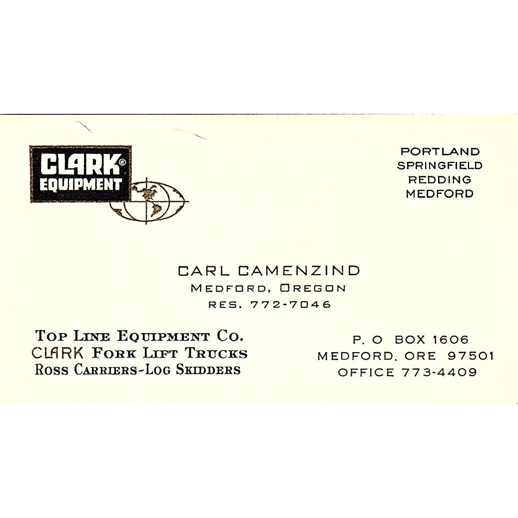 Top Line Equipment Co. Carl Camenzino Medford OR Vintage Business Card SB4-B5