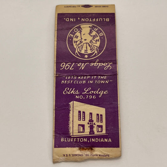 BPOE Elks Lodge No.796 Bluffton IN Vintage Matchbook TB6-MB2-15