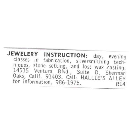 Hallie's Alley Jewelry Instruction Sherman Oaks California 1972 Ad AF8-S8