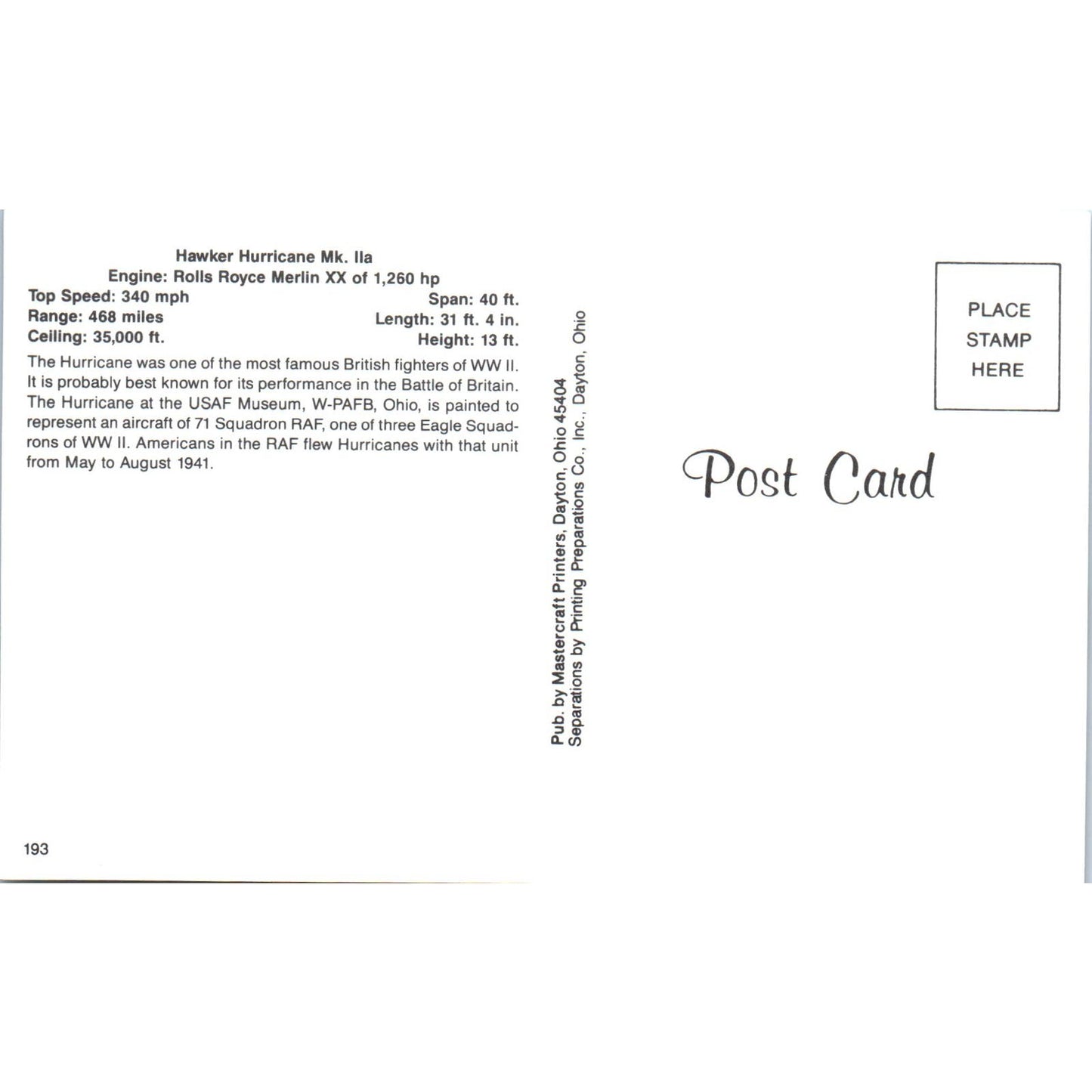 Hawker Hurricane Mk. IIa Vintage Postcard PC19