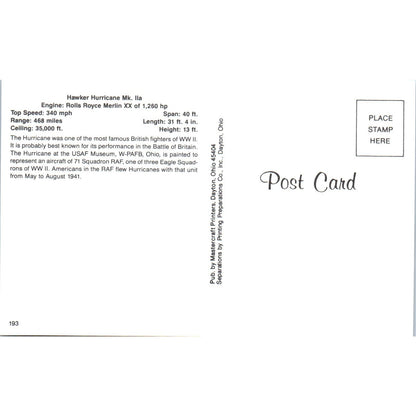 Hawker Hurricane Mk. IIa Vintage Postcard PC19