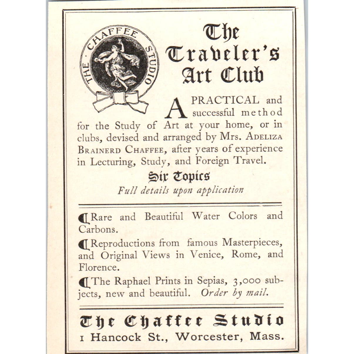 The Traveler's Art Club Chaffee Studio Worcester MA c1905 Victorian Ad AE9-MA6