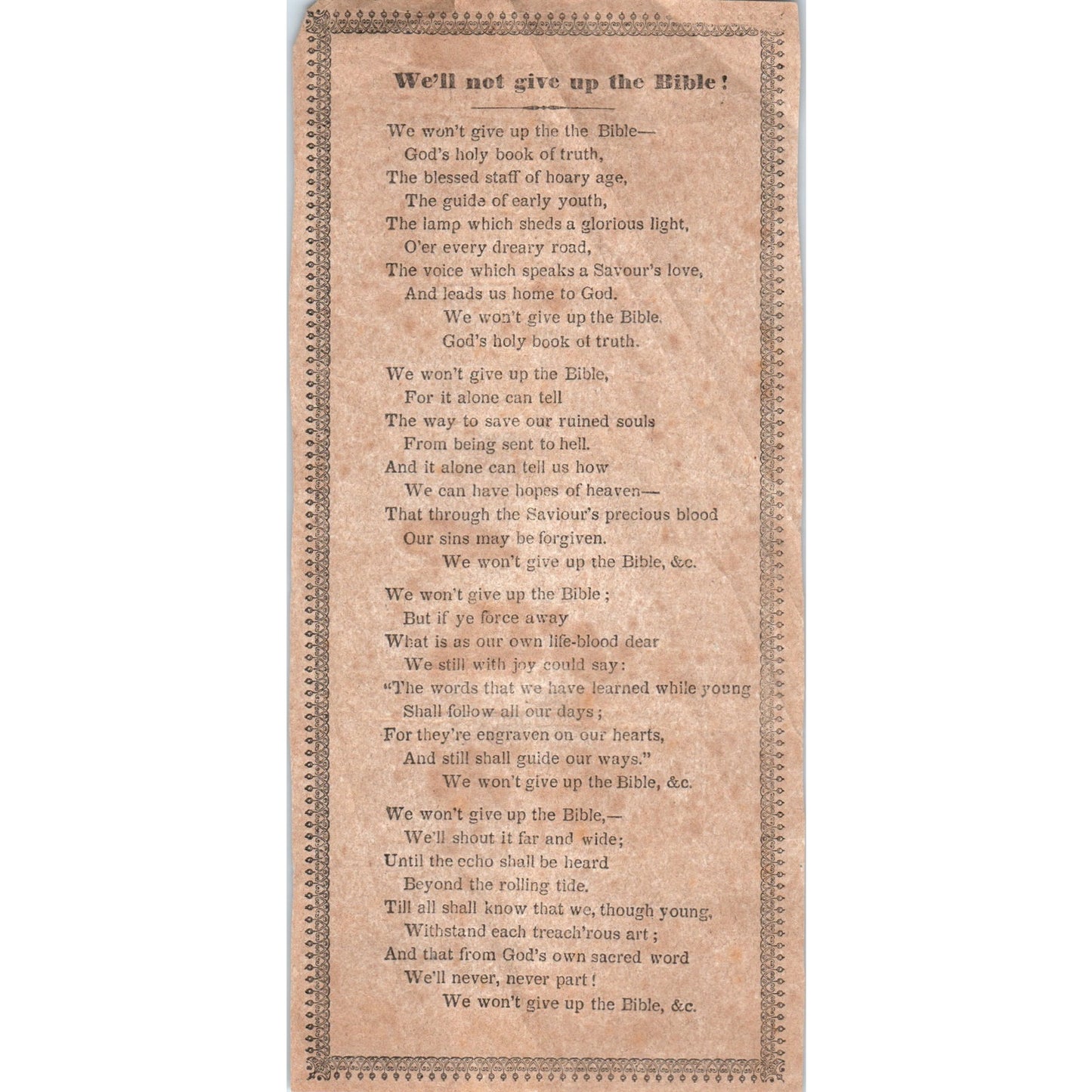 Antique Poem on Crepe Paper - We'll Not Give Up The Bible D21