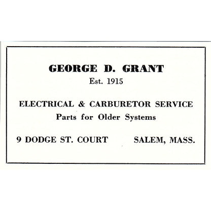 George D Grant Electric & Carburetor Service Salem MA 1950 Ad AF6-M5