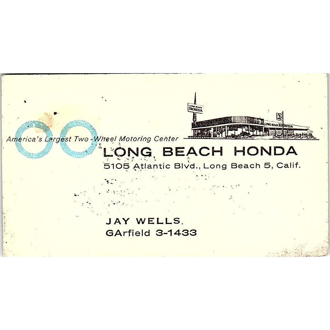 Long Beach Honda Jay Wells Long Beach Vintage Business Card SD9-B11