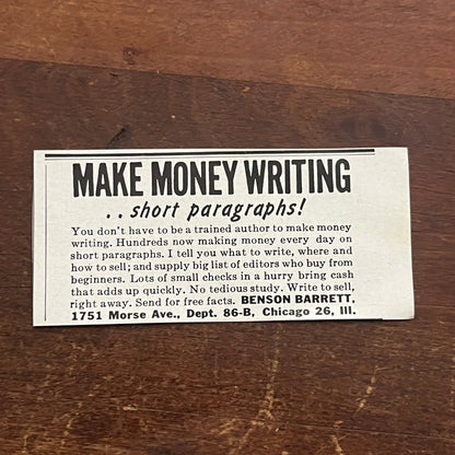 Make Money Writing Short Paragraphs - Benson Barrett Chicago 1955 Ad AF9-S2
