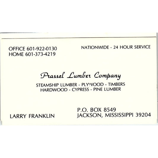 Larry Franklin Prassel Lumber Co Jackson MS Vintage Business Card SC9-B1