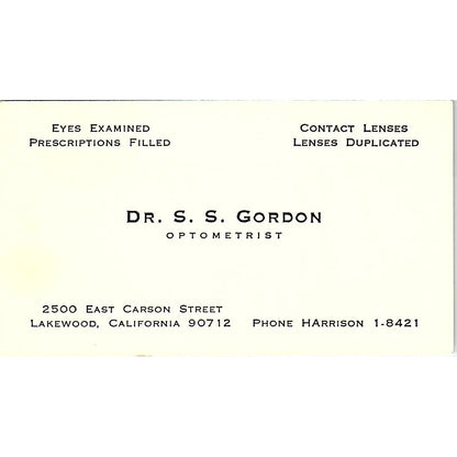 Dr S.S. Gordon Optometrist Lakewood CA Vintage Business Card SB4-B7