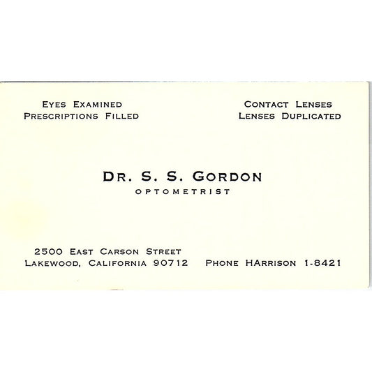 Dr S.S. Gordon Optometrist Lakewood CA Vintage Business Card SB4-B7