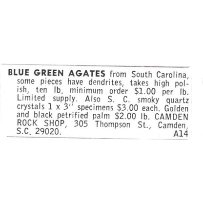 Camden Rock Shop Agates Camden South Carolina 1972 Ad AF8-S16