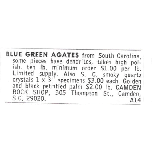 Camden Rock Shop Agates Camden South Carolina 1972 Ad AF8-S16