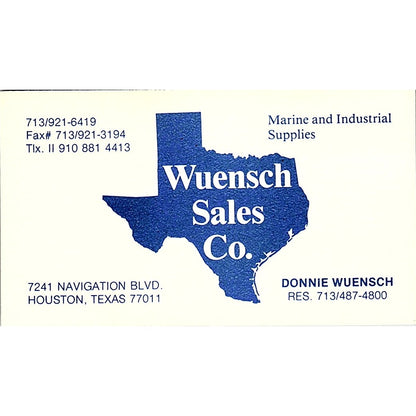 Donnie Wuensch Sales Co Houston TX Vintage Business Card SD9-B13