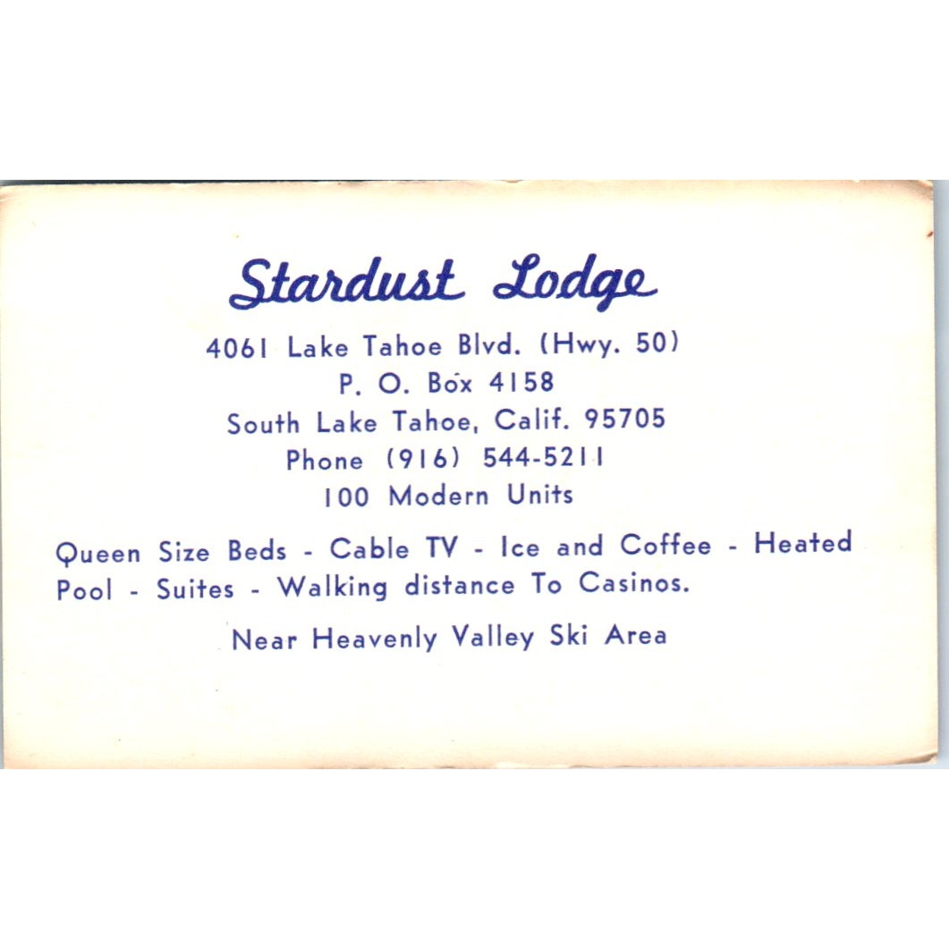 Stardust Lodge South Lake Tahoe CA Vintage Business Card SD8-B22