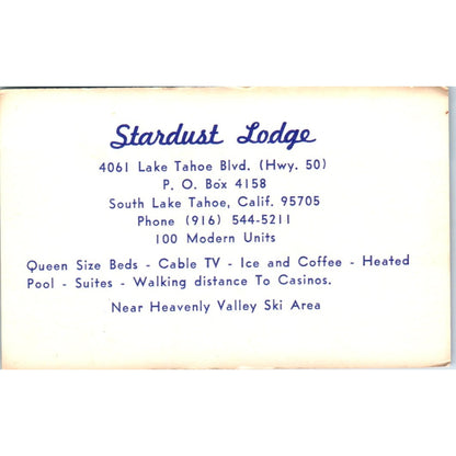 Stardust Lodge South Lake Tahoe CA Vintage Business Card SD8-B22