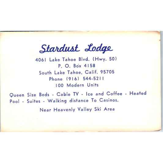 Stardust Lodge South Lake Tahoe CA Vintage Business Card SD8-B22