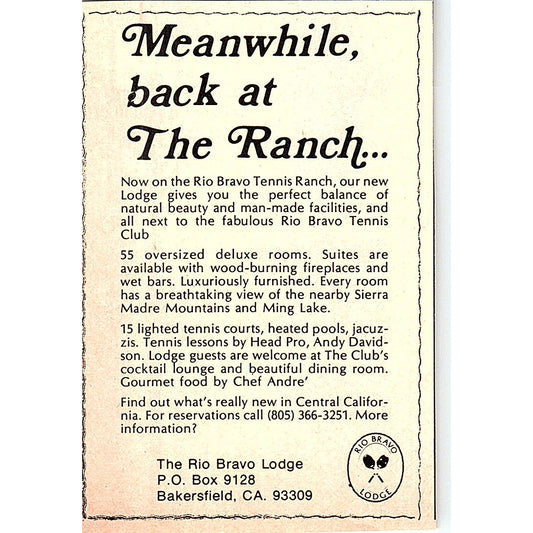 Rio Bravo Tennis Ranch Andy Davidson Bakersfield CA 1977 Ad AF3-Q3