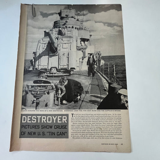 Destroyer Pictures Show Cruise of US "Tin Can" 4 Pages 1940s WWII Article V30-1