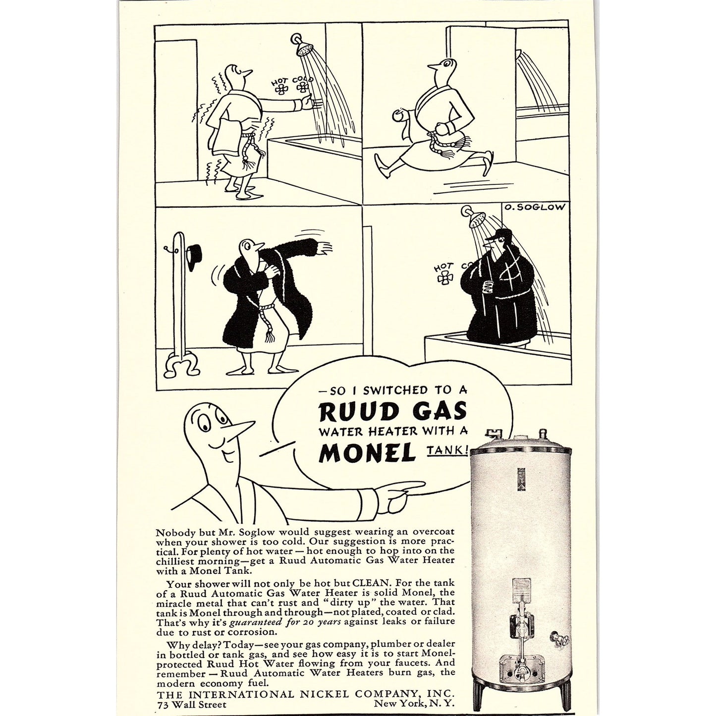 Ruud Gas Water Heater Monel Tank O. Soglow 1940 Ad AF8-3