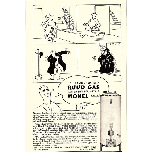 Ruud Gas Water Heater Monel Tank O. Soglow 1940 Ad AF8-3