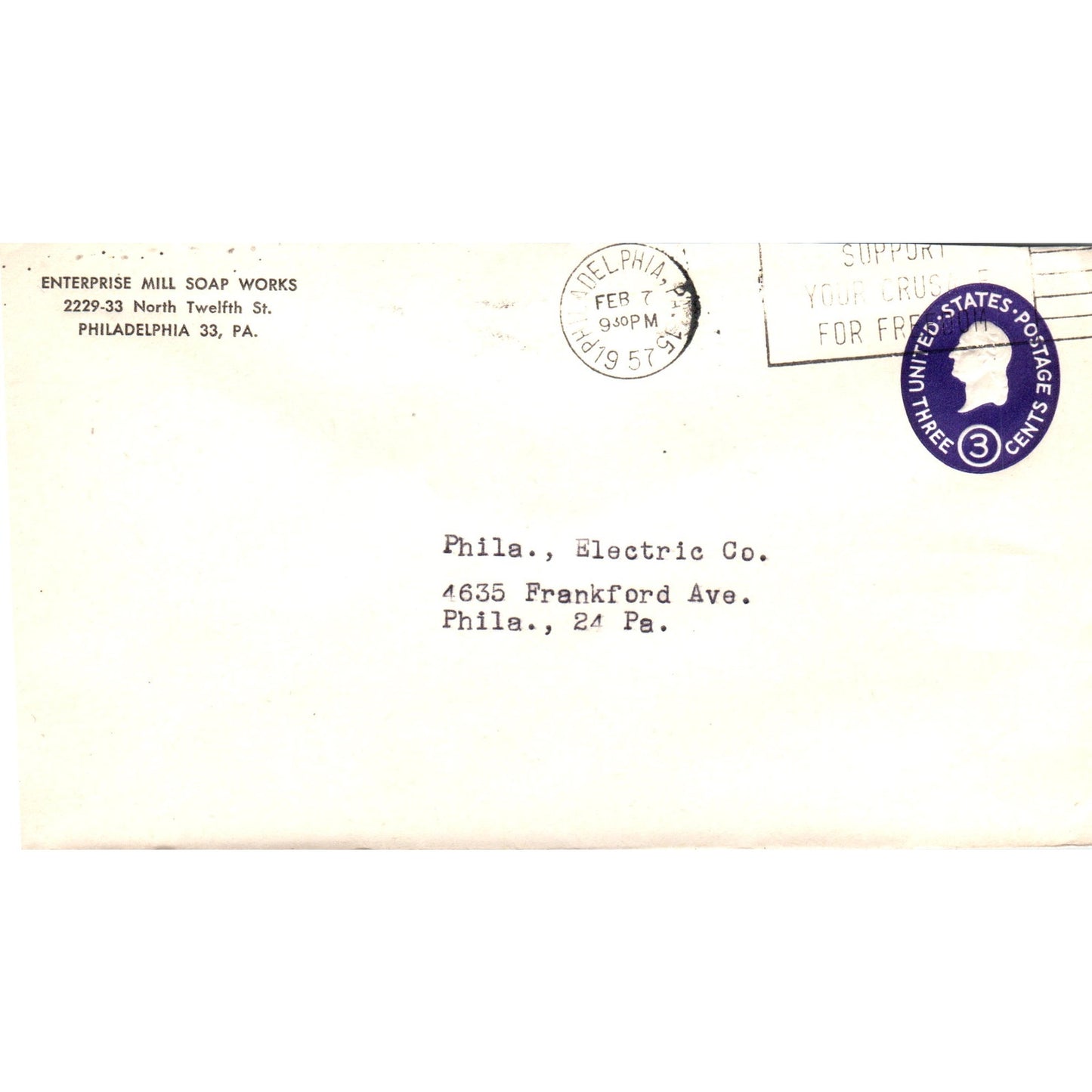 1957 Enterprise Mill Soap Works Philadelphia PA Postal Cover Envelope TG7-PC3