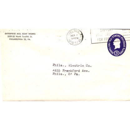1957 Enterprise Mill Soap Works Philadelphia PA Postal Cover Envelope TG7-PC3
