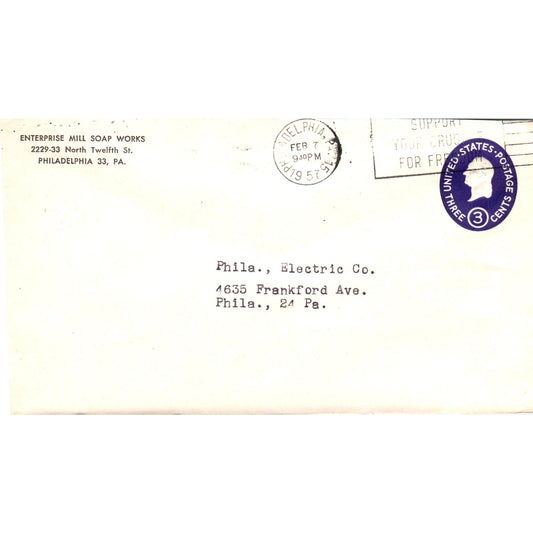 1957 Enterprise Mill Soap Works Philadelphia PA Postal Cover Envelope TG7-PC3