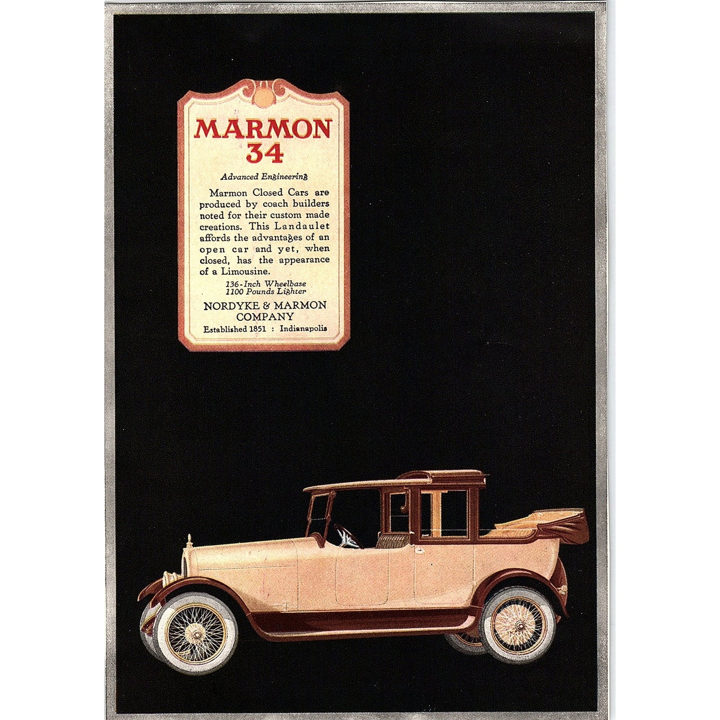 Marmon 34 Closed Cars Nordyke & Marmon Company Indianapolis c1920 Ad AF8-9