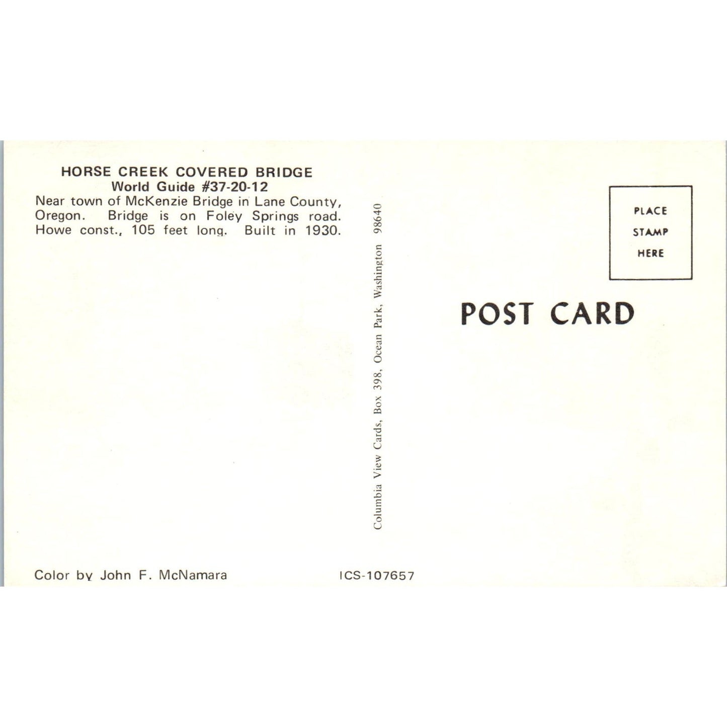 Horse Creek Covered Bridge 37-20-12 McKenzie OR Vtg Covered Bridge Postcard PD6