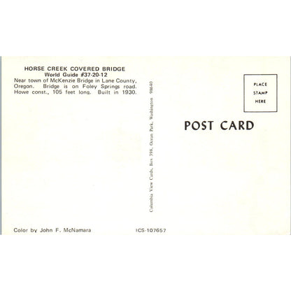 Horse Creek Covered Bridge 37-20-12 McKenzie OR Vtg Covered Bridge Postcard PD6