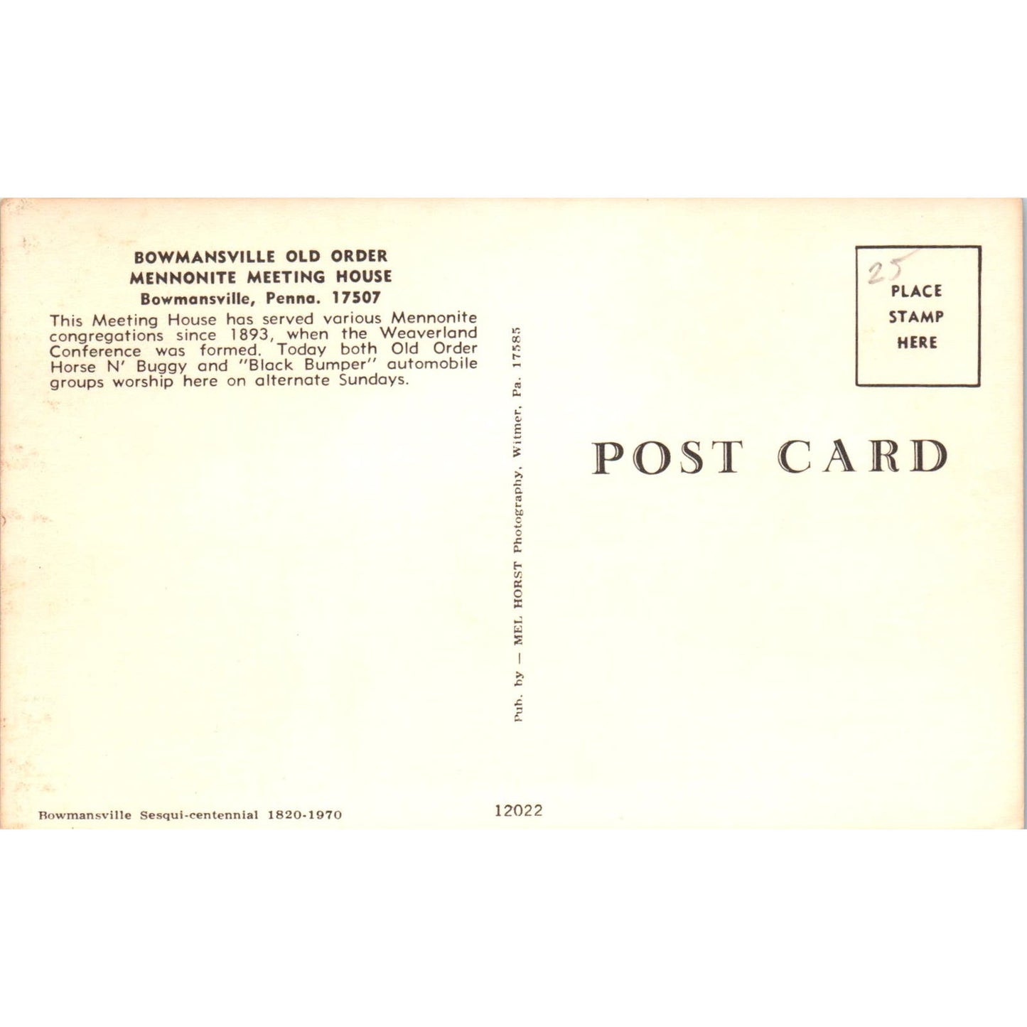 Bowmansville Old Order Mennonite Meeting House PA Dutch Country Postcard PD7