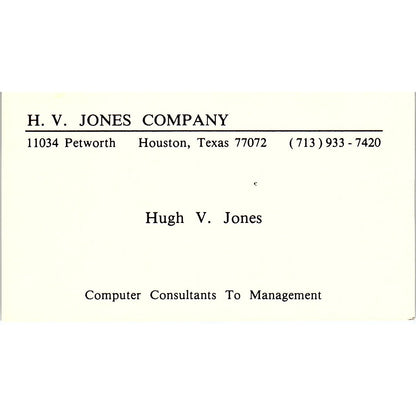 H.V. Jones Co Hugh V. Hones Computer Consultants Houston TX Business Card SD9-B2