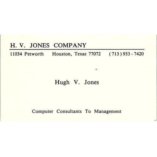 H.V. Jones Co Hugh V. Hones Computer Consultants Houston TX Business Card SD9-B2